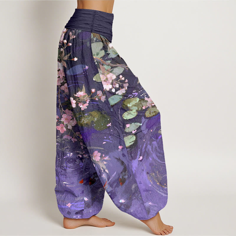 Pantalones bombachos de cintura elástica para mujer, de algodón puro con estampado de flores de sakura, peces koi y hojas de loto, con Buddha Stones. - image 7