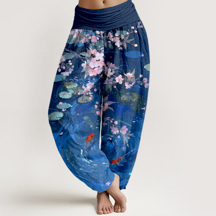 Pantalones bombachos de cintura elástica para mujer, de algodón puro con estampado de flores de sakura, peces koi y hojas de loto, con Buddha Stones. - Azul real - US16，UK/AU20，EU48 (3XL) - image 8