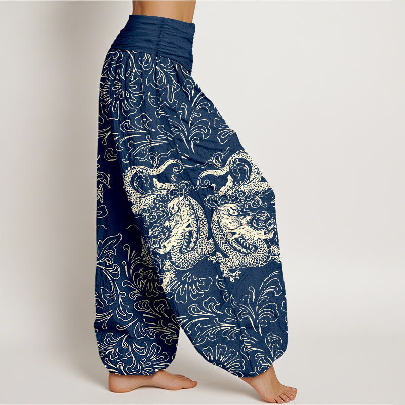 Pantalón tipo harem de mujer con cintura elástica, estampado floral de dragón y Buddha Stones, de algodón puro. - image 7