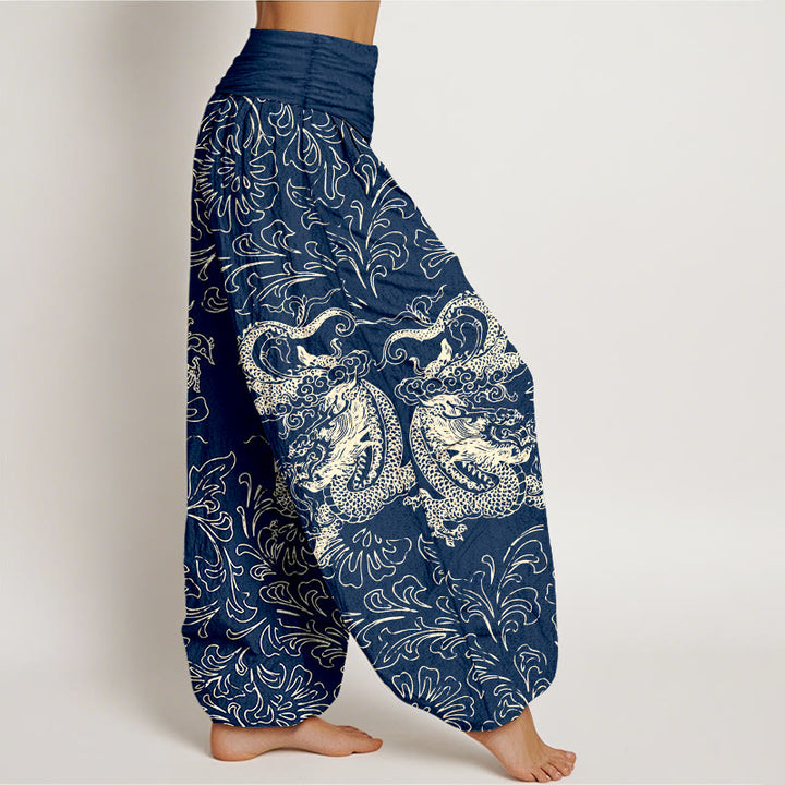 Pantalón tipo harem de mujer con cintura elástica, estampado floral de dragón y Buddha Stones, de algodón puro. - image 7