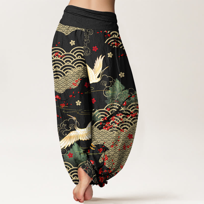 Pantalones bombachos de algodón con cintura elástica para mujer, estampado de Buddha Stones, grullas, nubes auspiciosas y flores. - image 1