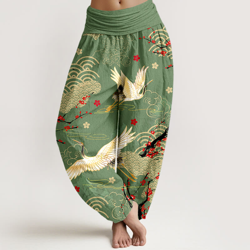 Pantalones bombachos de algodón con cintura elástica para mujer, estampado de Buddha Stones, grullas, nubes auspiciosas y flores. - Verde mar medio - US16，UK/AU20，EU48 (3XL) - image 5