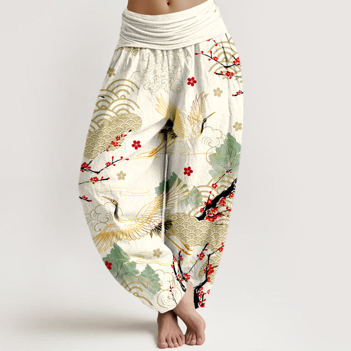 Pantalones bombachos de algodón con cintura elástica para mujer, estampado de Buddha Stones, grullas, nubes auspiciosas y flores. - Marfil - US16，UK/AU20，EU48 (3XL) - image 8