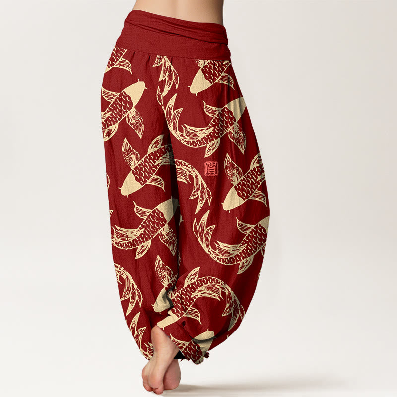 Pantalón tipo harem de cintura elástica para mujer con estampado de peces koi y Buddha Stones, de algodón puro. - image 6