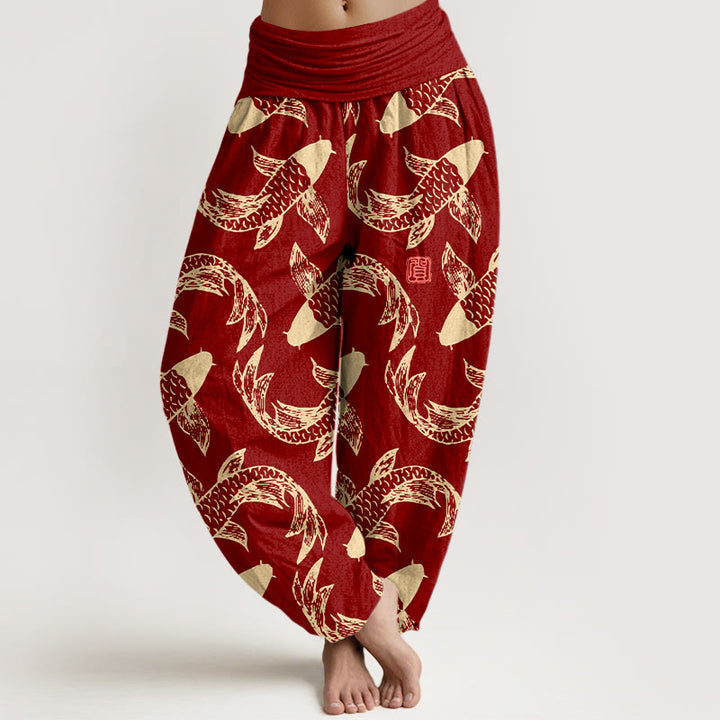Pantalón tipo harem de cintura elástica para mujer con estampado de peces koi y Buddha Stones, de algodón puro. - Ladrillo refractario - US16，UK/AU20，EU48 (3XL) - image 5