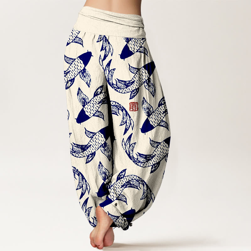 Pantalón tipo harem de cintura elástica para mujer con estampado de peces koi y Buddha Stones, de algodón puro. - image 6