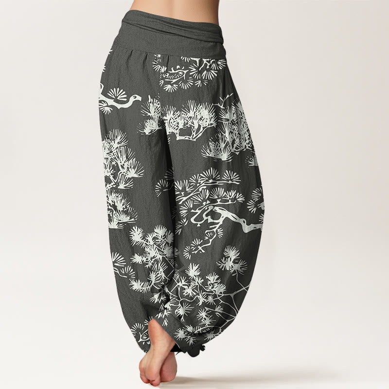 Pantalones bombachos de cintura elástica para mujer con estampado de ramas de pino y piedras de Buddha Stones, de algodón puro. - image 1