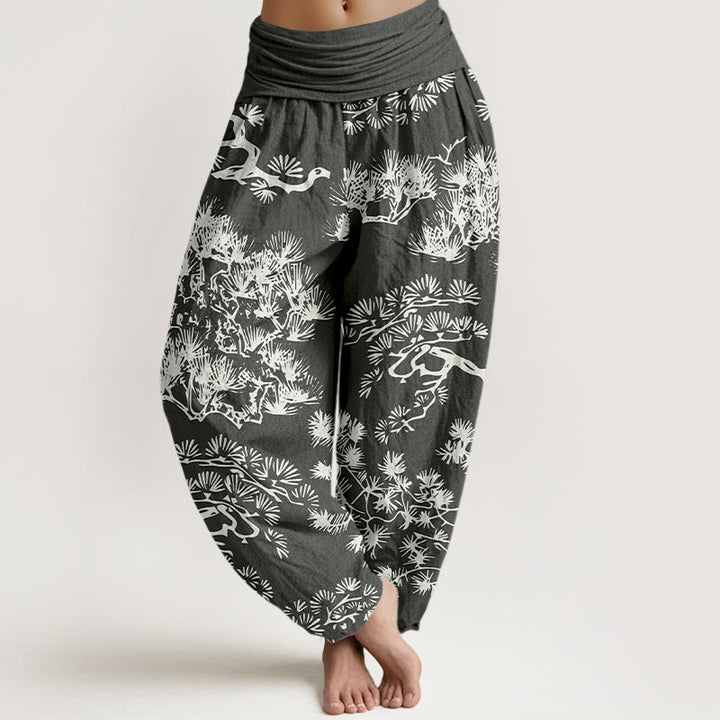 Pantalones bombachos de cintura elástica para mujer con estampado de ramas de pino y piedras de Buddha Stones, de algodón puro. - Gris - US16，UK/AU20，EU48 (3XL) - image 0