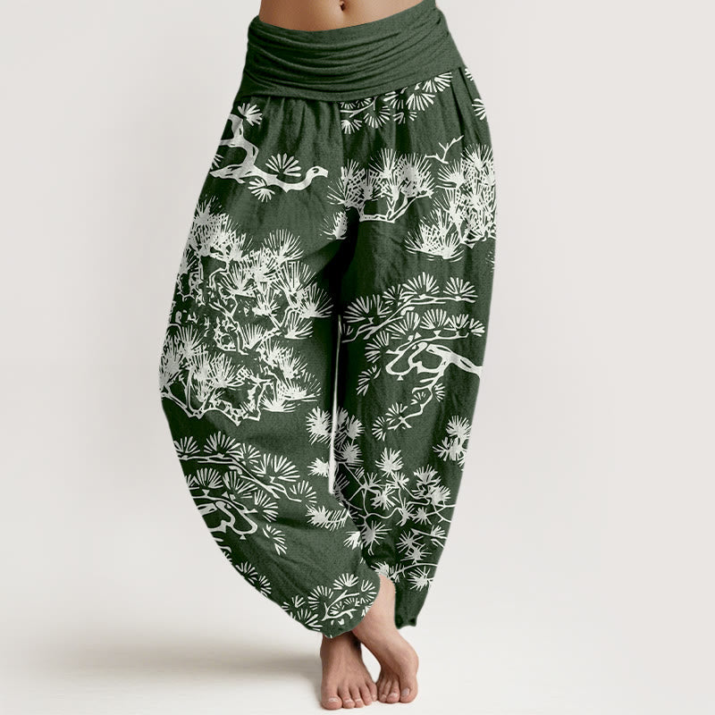Pantalones bombachos de cintura elástica para mujer con estampado de ramas de pino y piedras de Buddha Stones, de algodón puro. - Verde mar oscuro - US16，UK/AU20，EU48 (3XL) - image 8