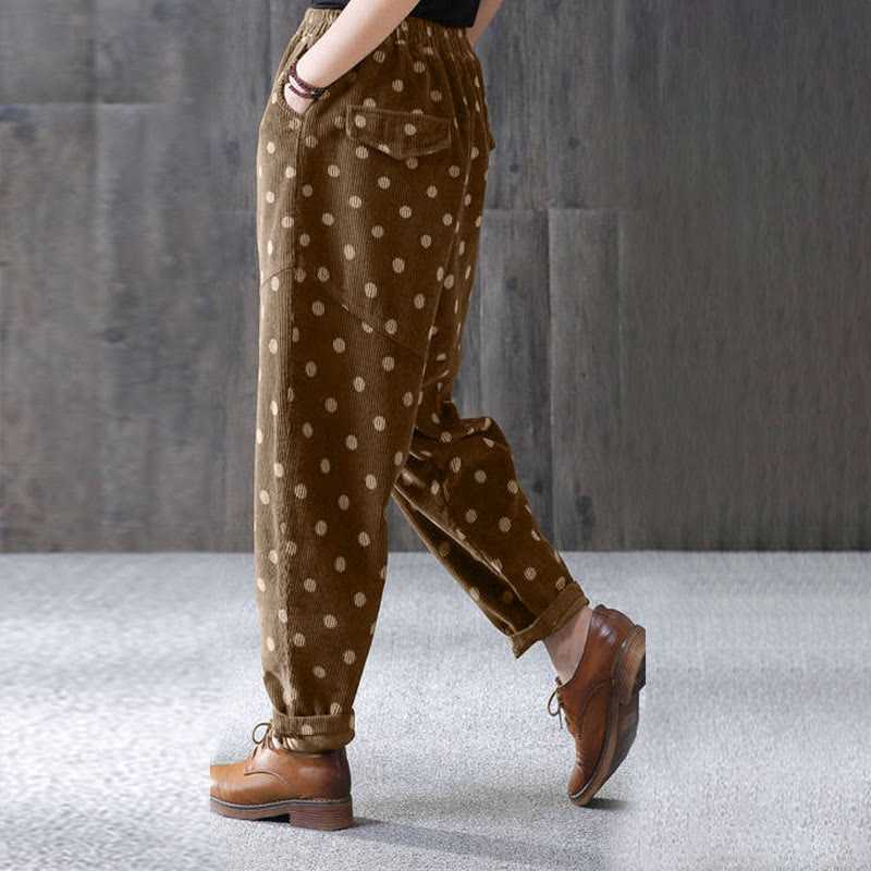 Pantalones harén de pana con estampado de lunares y bolsillos para mujer de Buddha Stones para el otoño - image 2