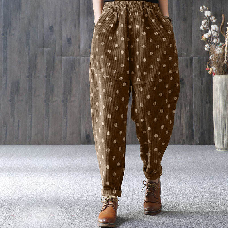 Pantalones harén de pana con estampado de lunares y bolsillos para mujer de Buddha Stones para el otoño - image 3