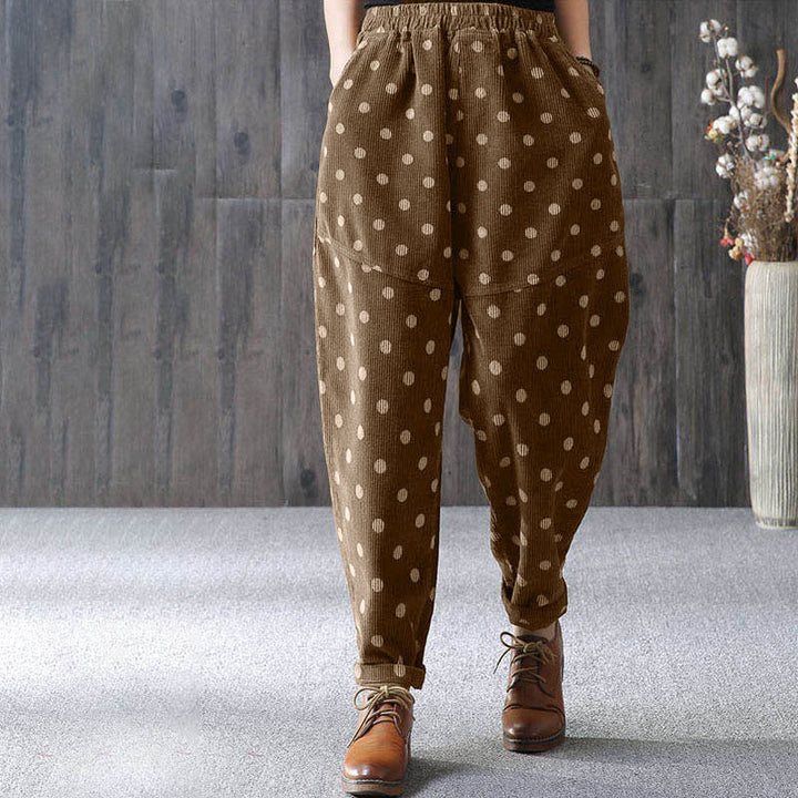 Pantalones harén de pana con estampado de lunares y bolsillos para mujer de Buddha Stones para el otoño - image 3