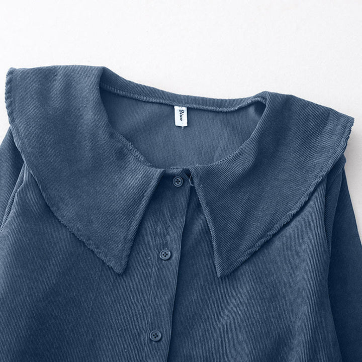 Vestido midi de pana de manga larga con botones lisos y bolsillos, con estampado de Buddha Stones Fall - image 4