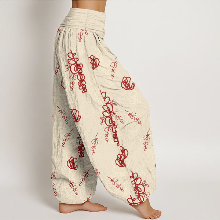 Pantalones tipo harem de algodón con cintura elástica para mujer, estampado de Buddha Stones, flores pintadas a mano y ramas. - image 2