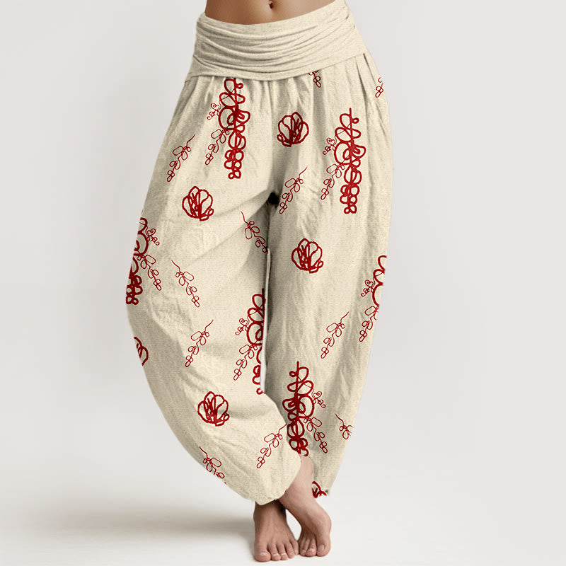 Pantalones tipo harem de algodón con cintura elástica para mujer, estampado de Buddha Stones, flores pintadas a mano y ramas. - Beige y rojo - US16，UK/AU20，EU48 (3XL) - image 0