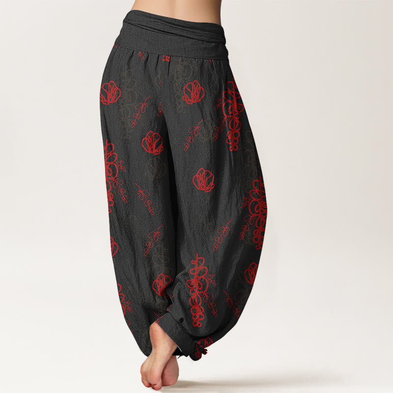 Pantalones tipo harem de algodón con cintura elástica para mujer, estampado de Buddha Stones, flores pintadas a mano y ramas. - image 6