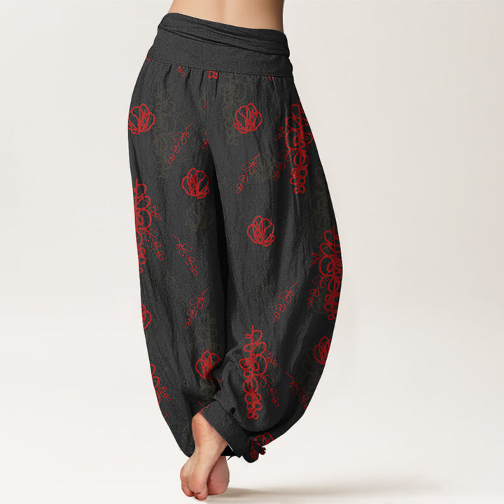 Pantalones tipo harem de algodón con cintura elástica para mujer, estampado de Buddha Stones, flores pintadas a mano y ramas. - image 6