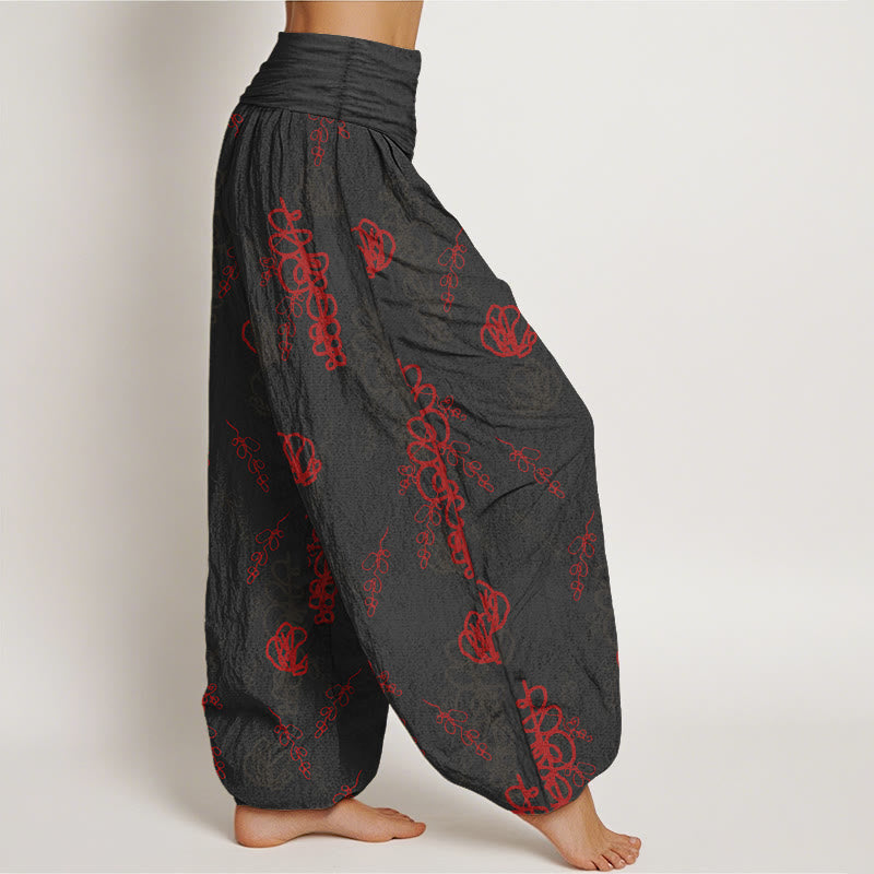 Pantalones tipo harem de algodón con cintura elástica para mujer, estampado de Buddha Stones, flores pintadas a mano y ramas. - image 7