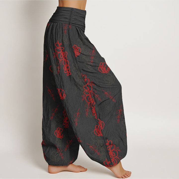 Pantalones tipo harem de algodón con cintura elástica para mujer, estampado de Buddha Stones, flores pintadas a mano y ramas. - image 7