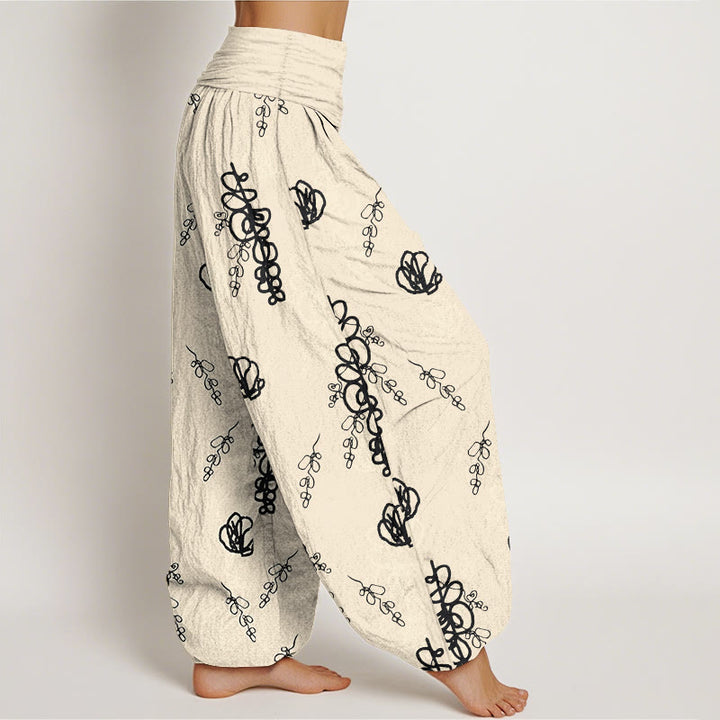 Pantalones tipo harem de algodón con cintura elástica para mujer, estampado de Buddha Stones, flores pintadas a mano y ramas. - image 10
