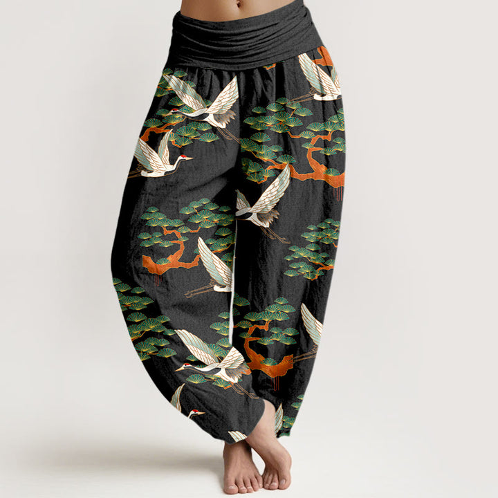 Pantalón tipo harem de cintura elástica para mujer, de algodón puro, con estampado de Buddha Stones, pinos y grullas. - image 9
