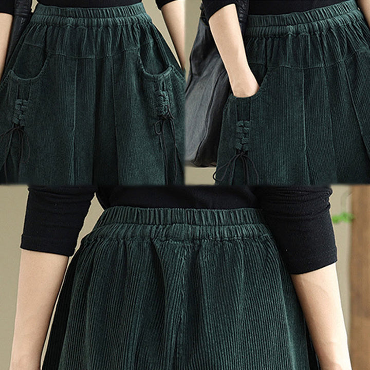 Pantalones de pana de pierna ancha con diseño de cordón ajustable y bolsillos, de color liso para mujer, de Buddha Stones. - image 29