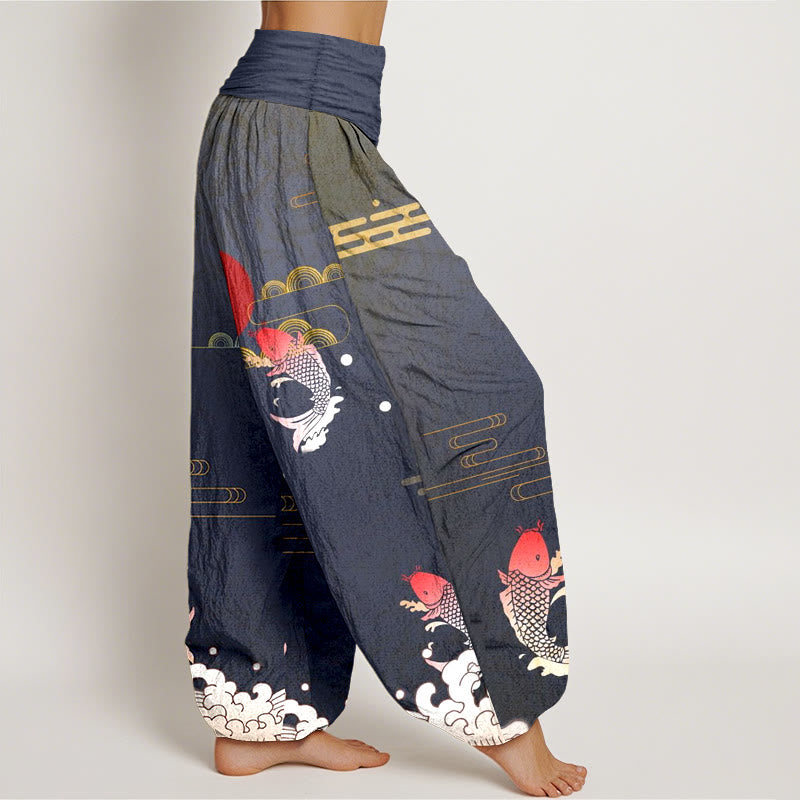 Pantalón tipo harem de algodón puro con estampado de Buddha Stones, peces koi, sol rojo, olas y nubes. - image 2