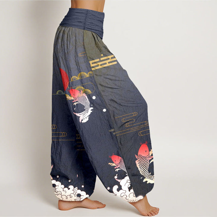 Pantalón tipo harem de algodón puro con estampado de Buddha Stones, peces koi, sol rojo, olas y nubes. - image 2