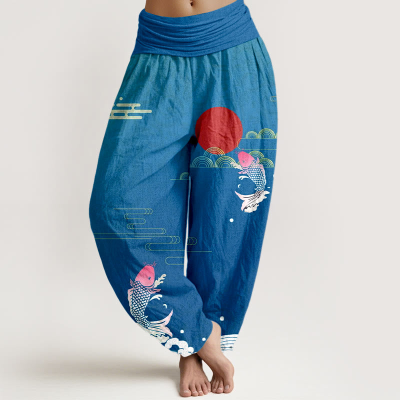 Pantalón tipo harem de algodón puro con estampado de Buddha Stones, peces koi, sol rojo, olas y nubes. - Azul acero - US16，UK/AU20，EU48 (3XL) - image 5