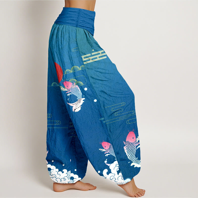 Pantalón tipo harem de algodón puro con estampado de Buddha Stones, peces koi, sol rojo, olas y nubes. - image 7