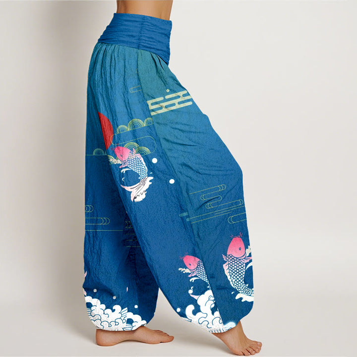 Pantalón tipo harem de algodón puro con estampado de Buddha Stones, peces koi, sol rojo, olas y nubes. - image 7