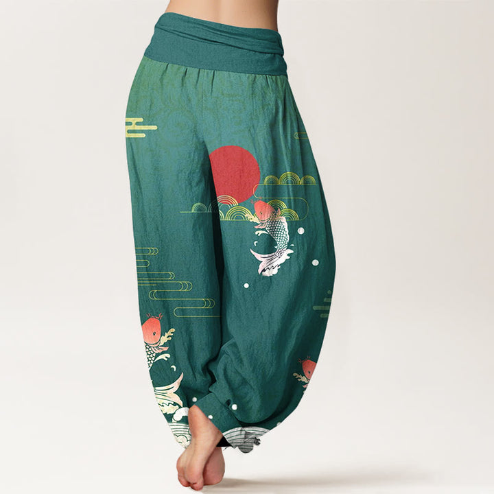 Pantalón tipo harem de algodón puro con estampado de Buddha Stones, peces koi, sol rojo, olas y nubes. - image 9