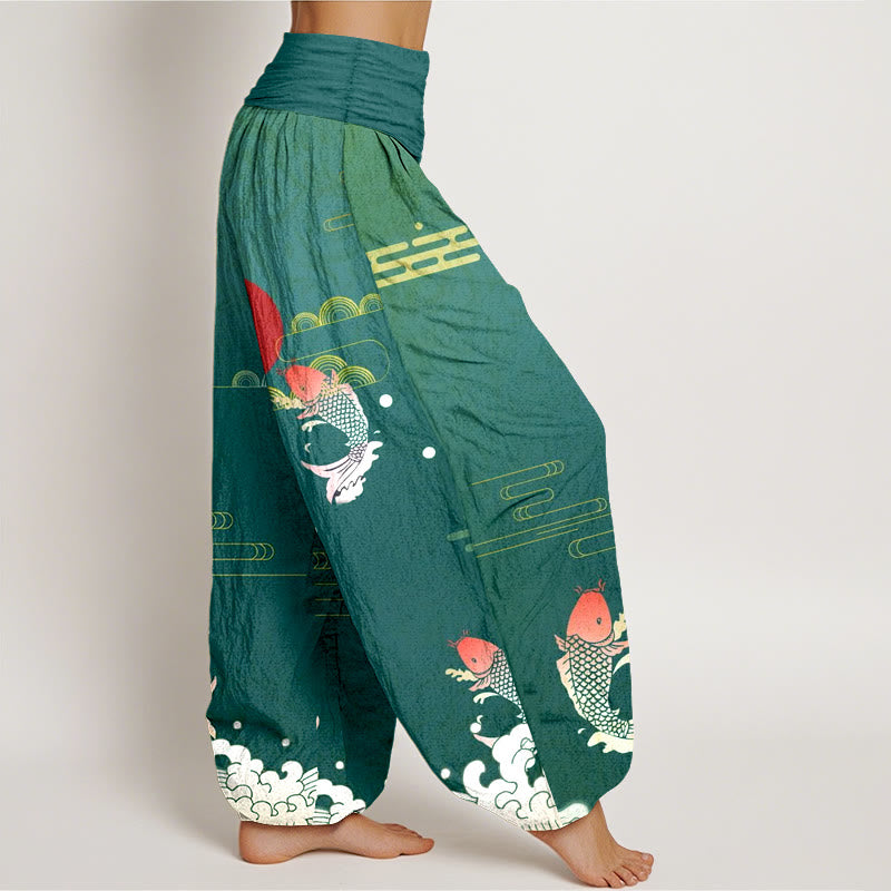 Pantalón tipo harem de algodón puro con estampado de Buddha Stones, peces koi, sol rojo, olas y nubes. - image 10