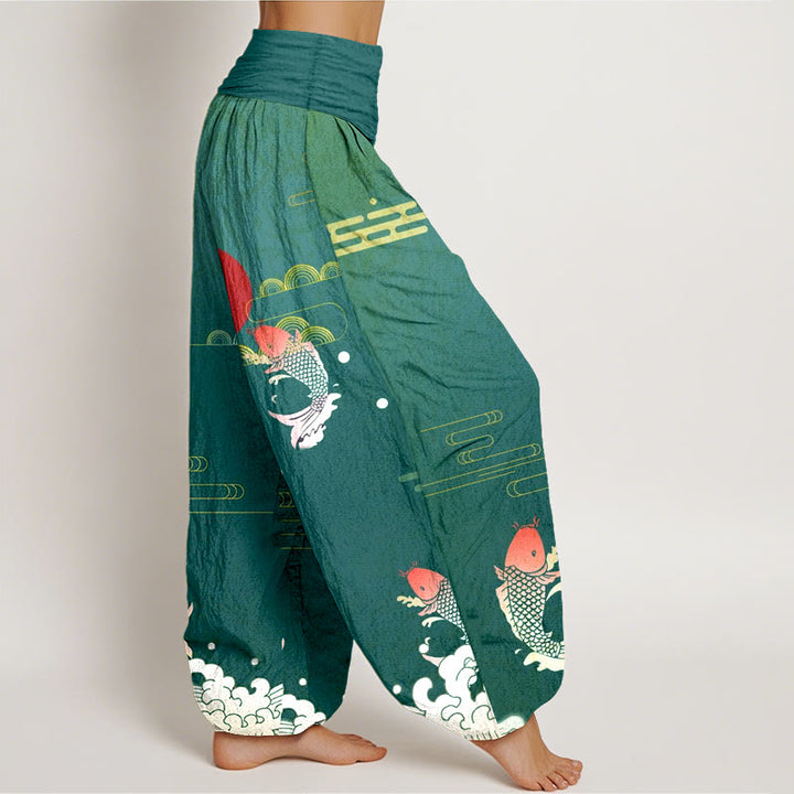 Pantalón tipo harem de algodón puro con estampado de Buddha Stones, peces koi, sol rojo, olas y nubes. - image 10
