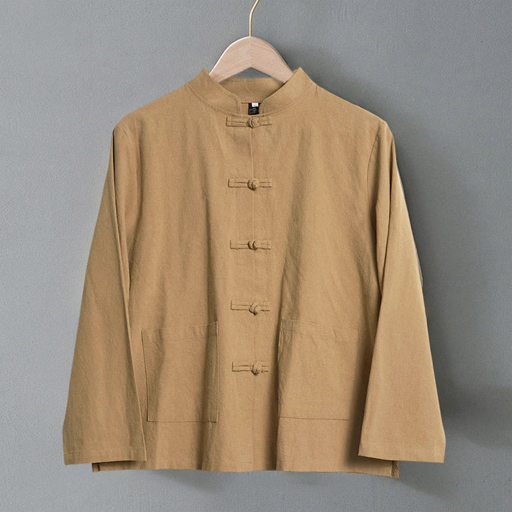 Camisa étnica de algodón con cuello alto, manga larga y botones de rana para mujer, con Buddha Stones y bolsillos - image 1