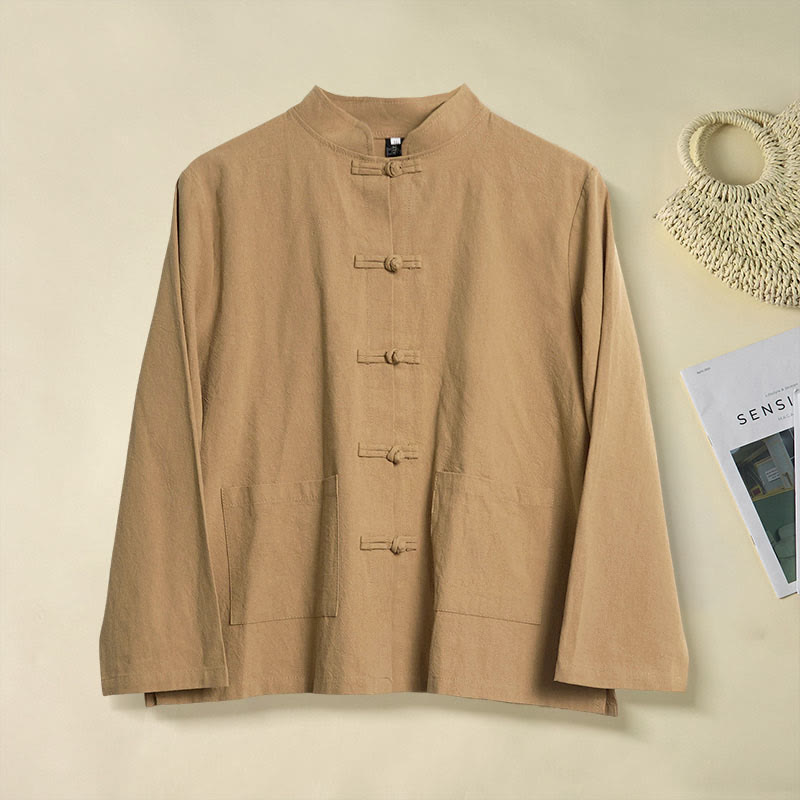 Camisa étnica de algodón con cuello alto, manga larga y botones de rana para mujer, con Buddha Stones y bolsillos - Vara de oro oscura - US8-10，UK/AU12-14，EU40-42 (2XL) - image 0