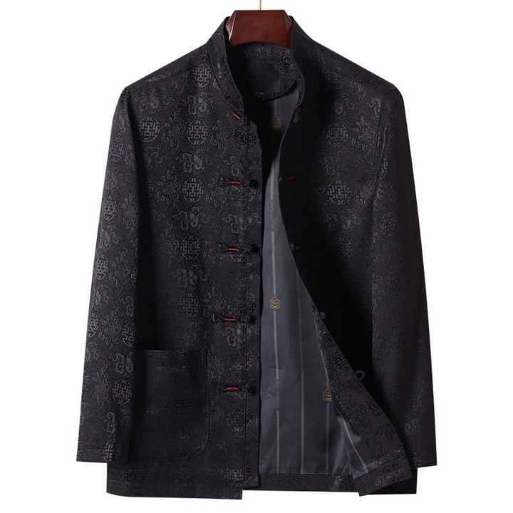 Chaqueta de traje Tang para hombre, de manga larga, cuello alto, con bordado de Buddha Stones y bolsillos. - Negro - US/UK/AU44, EU54 (4XL) - image 11