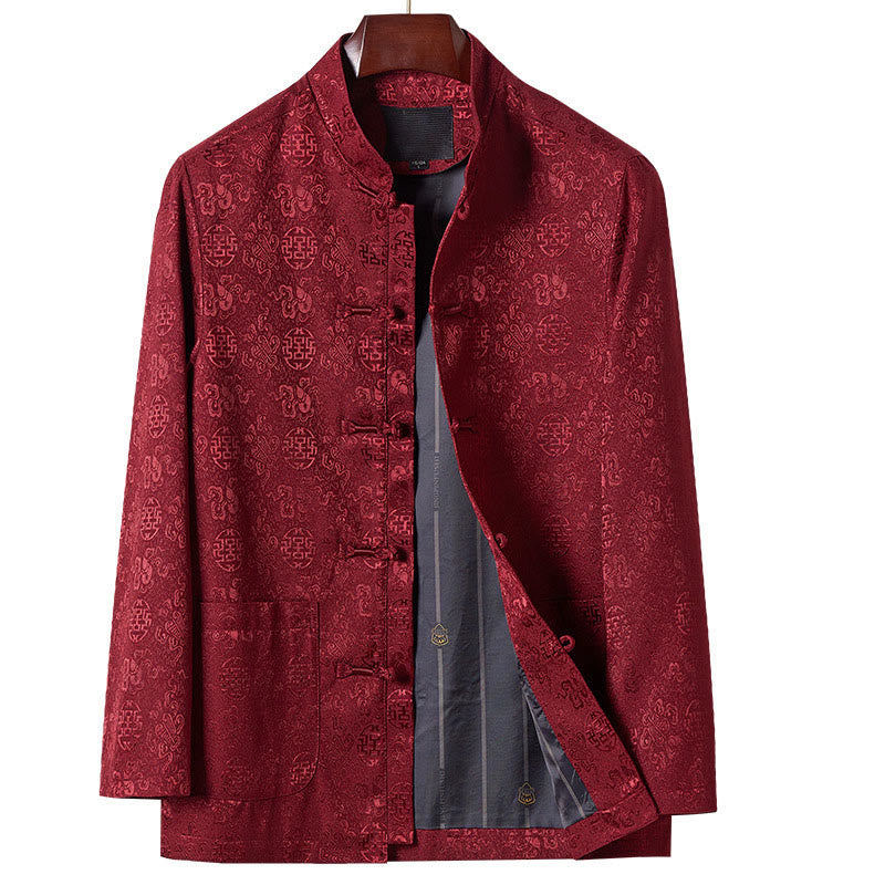 Chaqueta de traje Tang para hombre, de manga larga, cuello alto, con bordado de Buddha Stones y bolsillos. - Rojo oscuro - US/UK/AU44, EU54 (4XL) - image 1