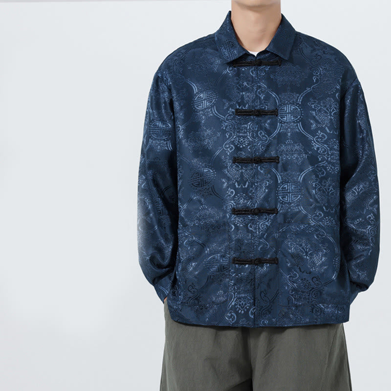 Traje Tang para hombre, chaqueta de manga larga con solapa jacquard de primavera con estampado de Buddha Stones de rana y bolsillos. - Azul oscuro - US/UK/AU46, EU56 (5XL) - image 0
