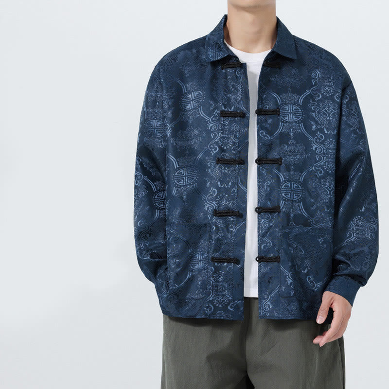Traje Tang para hombre, chaqueta de manga larga con solapa jacquard de primavera con estampado de Buddha Stones de rana y bolsillos. - image 1