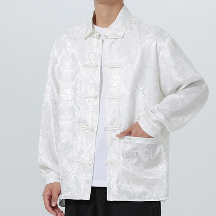 Traje Tang para hombre, chaqueta de manga larga con solapa jacquard de primavera con estampado de Buddha Stones de rana y bolsillos. - image 24