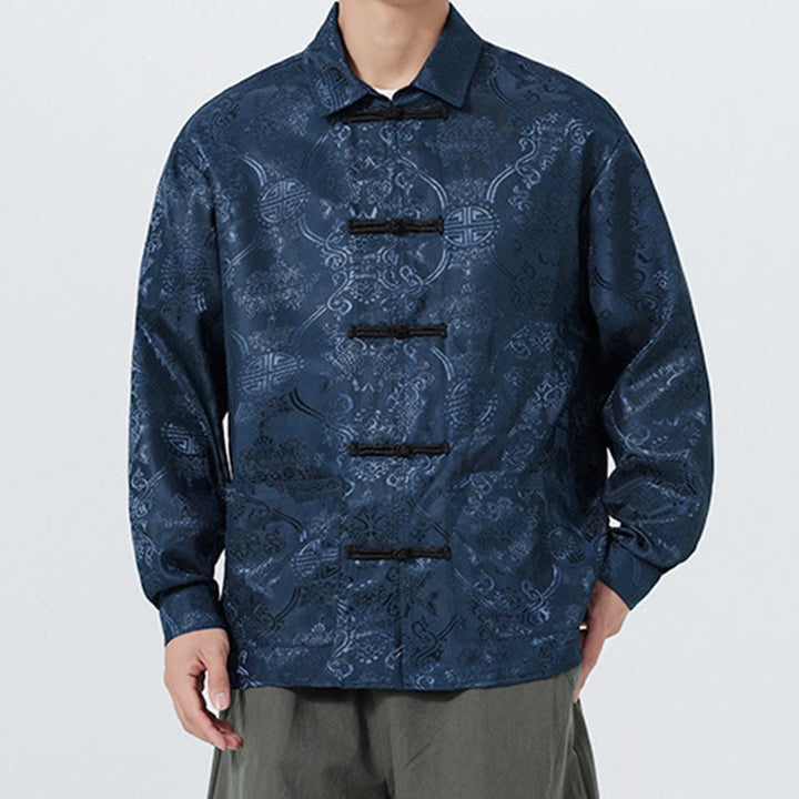 Traje Tang para hombre, chaqueta de manga larga con solapa jacquard de primavera con estampado de Buddha Stones de rana y bolsillos. - image 3