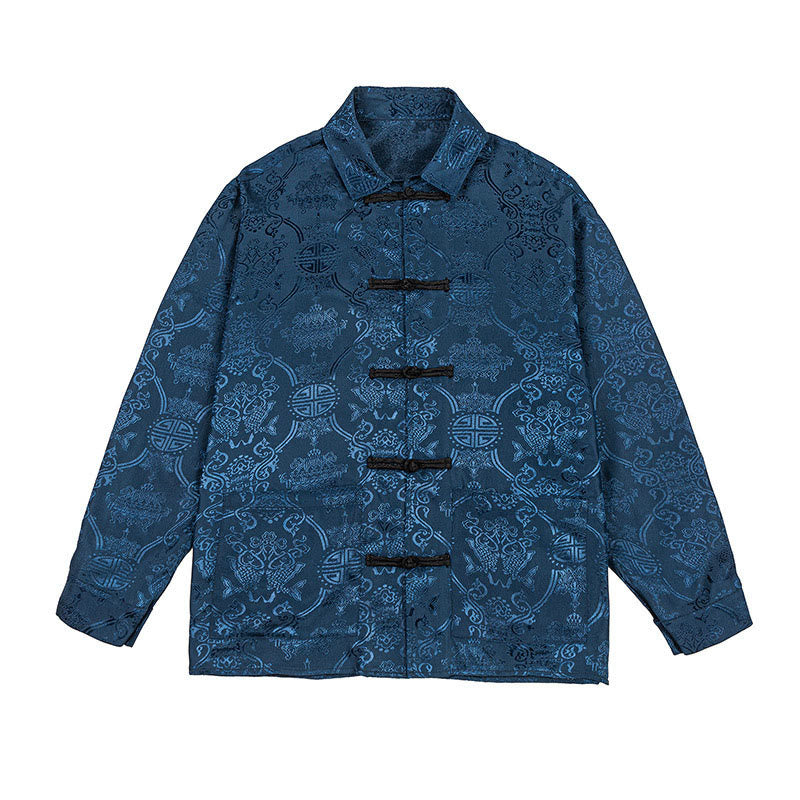 Traje Tang para hombre, chaqueta de manga larga con solapa jacquard de primavera con estampado de Buddha Stones de rana y bolsillos. - image 9