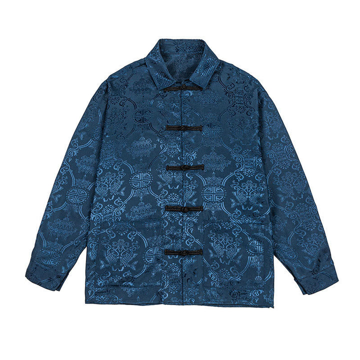 Traje Tang para hombre, chaqueta de manga larga con solapa jacquard de primavera con estampado de Buddha Stones de rana y bolsillos. - image 9