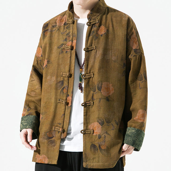 Chaqueta de algodón de manga larga para hombre con estampado floral primaveral y botones de rana chinos, con Buddha Stones. - image 13