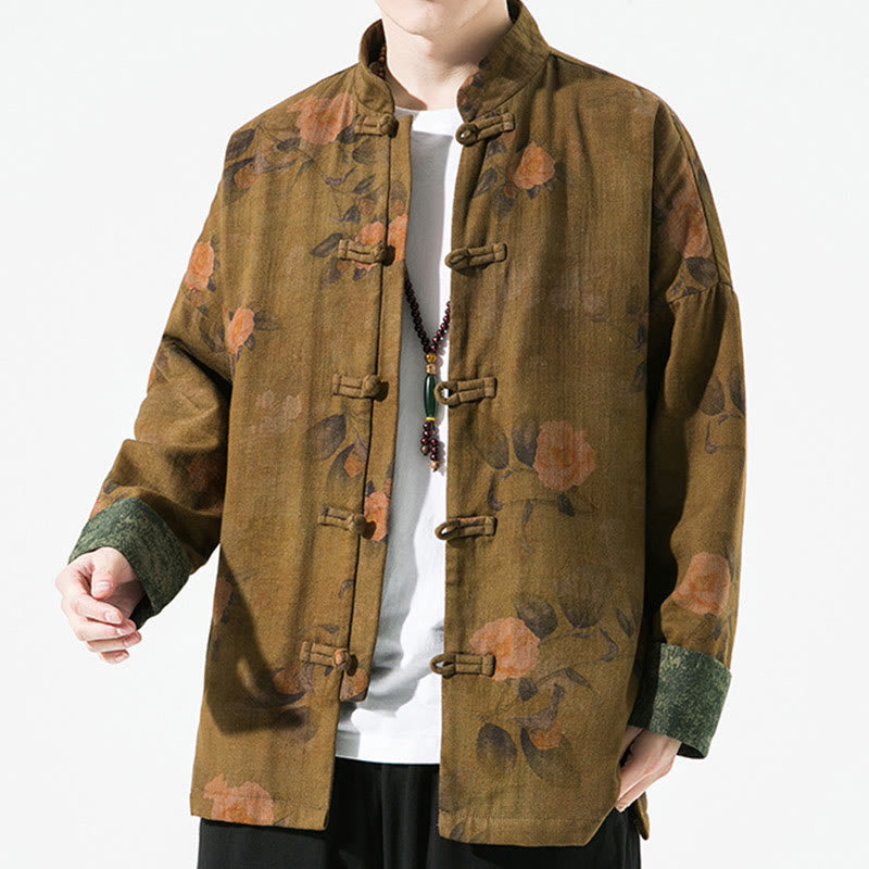 Chaqueta de algodón de manga larga para hombre con estampado floral primaveral y botones de rana chinos, con Buddha Stones. - image 12