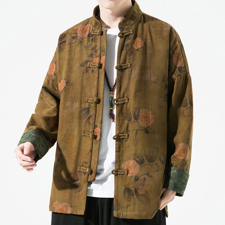 Chaqueta de algodón de manga larga para hombre con estampado floral primaveral y botones de rana chinos, con Buddha Stones. - image 12