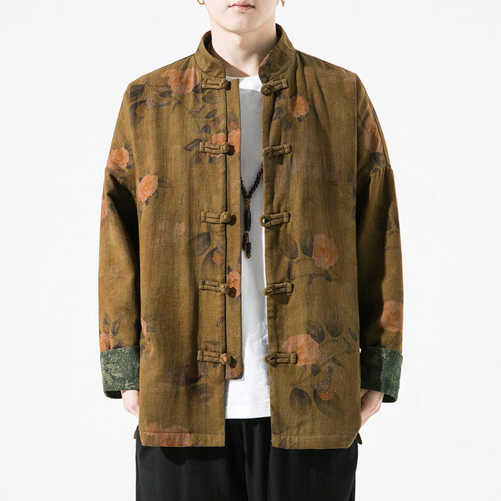 Chaqueta de algodón de manga larga para hombre con estampado floral primaveral y botones de rana chinos, con Buddha Stones. - image 18