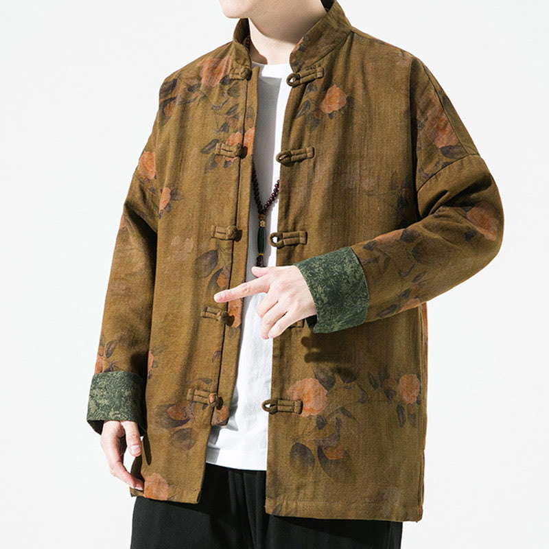 Chaqueta de algodón de manga larga para hombre con estampado floral primaveral y botones de rana chinos, con Buddha Stones. - image 11