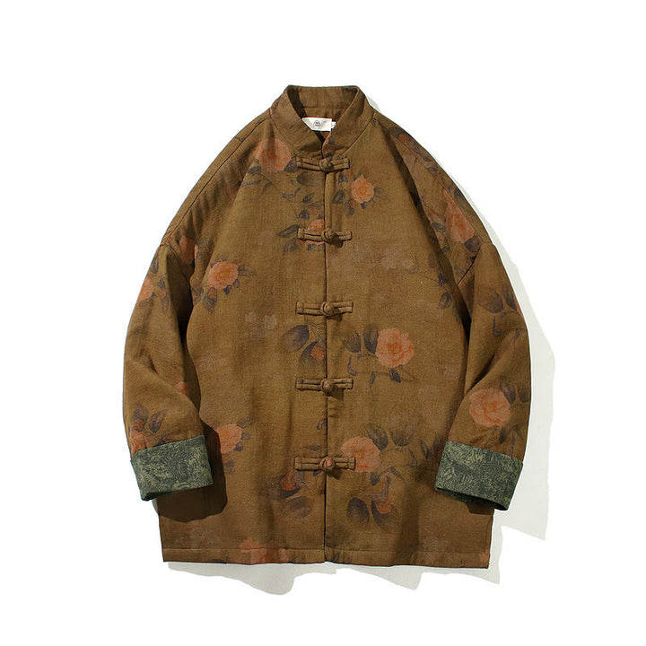 Chaqueta de algodón de manga larga para hombre con estampado floral primaveral y botones de rana chinos, con Buddha Stones. - image 19
